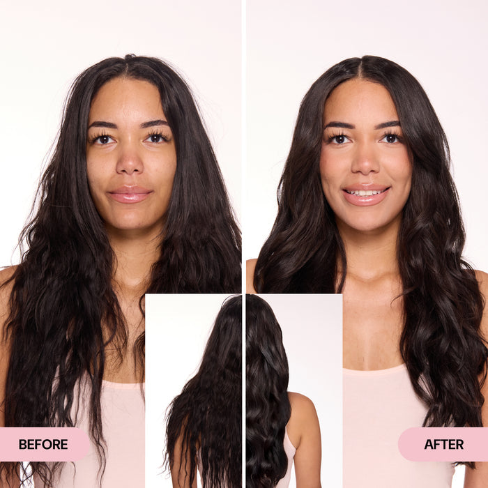 Before and after image showing transformation from dry, uneven waves to smooth, defined curls with shine.