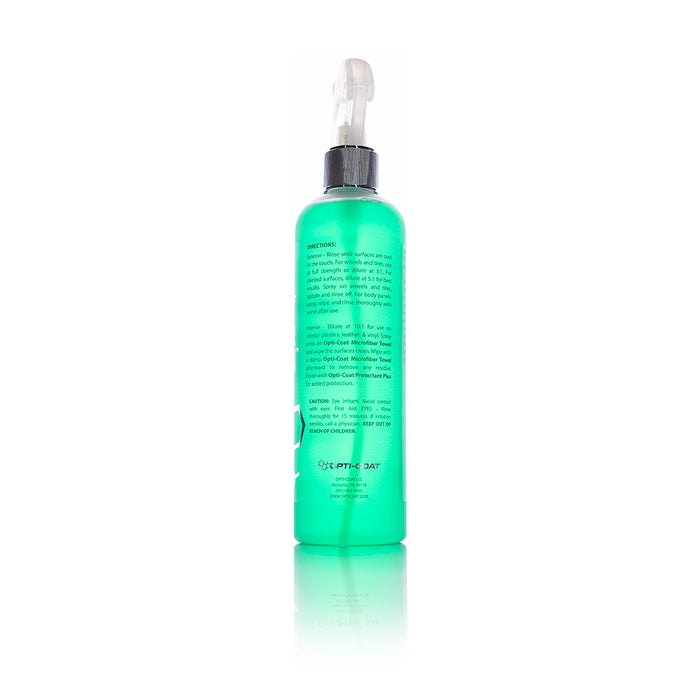 The back of a spray bottle of Opti-Coat Power Clean on a white background.