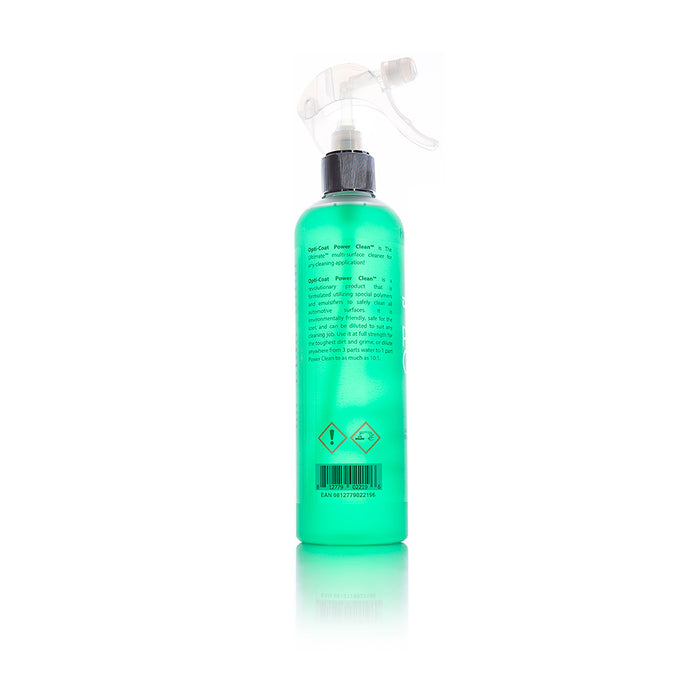 The back of a spray bottle of Opti-Coat Power Clean on a white background.