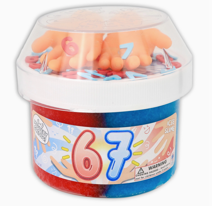 Container of orange and pink slime with number '6' and '7' on a colorful label.