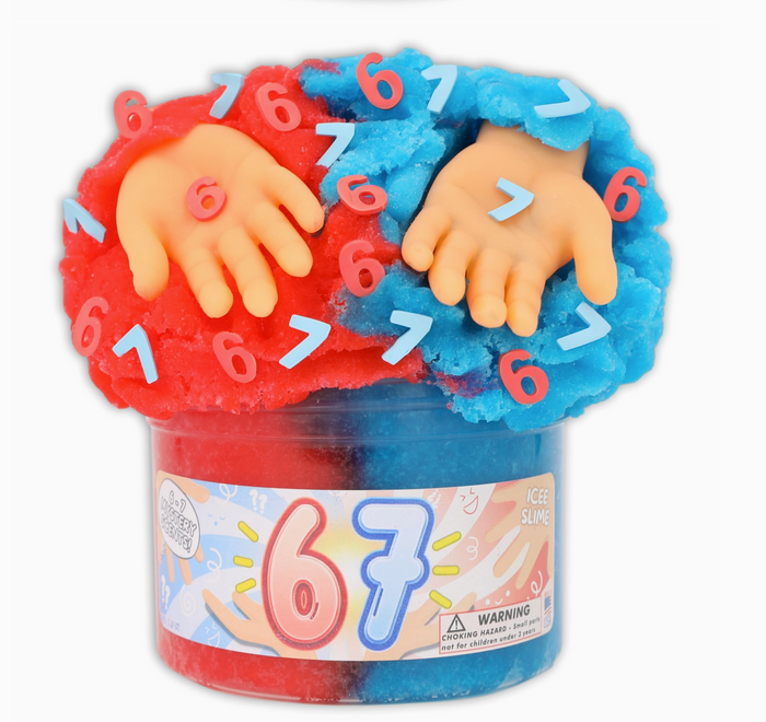Toy with red and blue hands and numbers, in a container labeled '67'.