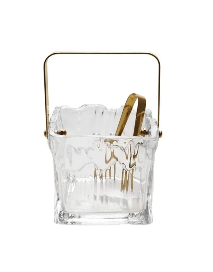Quart Glass Ice Bucket w Tongs, Gold Finish