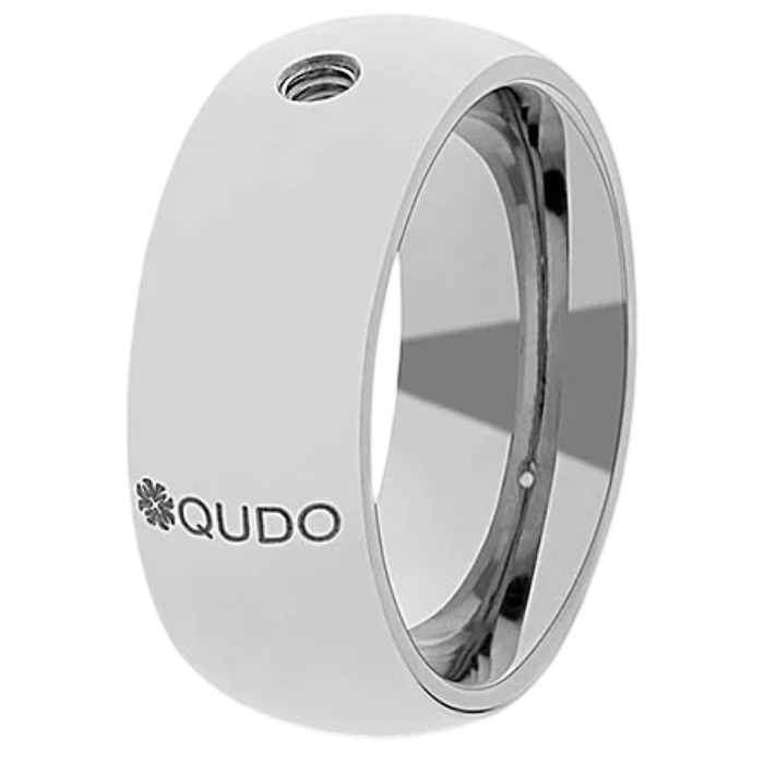 Silver ring with 'QUDO' branding on a white background