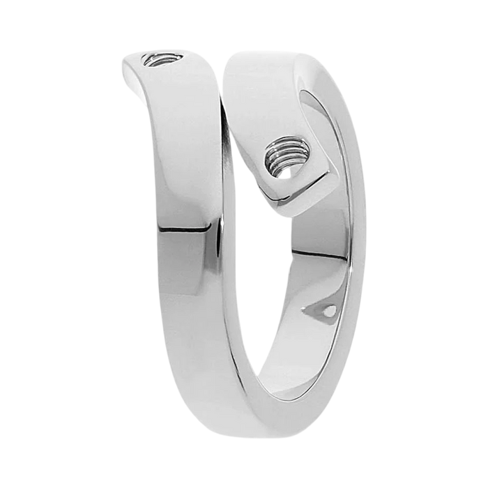Silver ring with a unique design on a white background