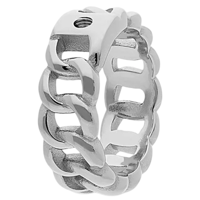 Silver chain-style ring on a white background