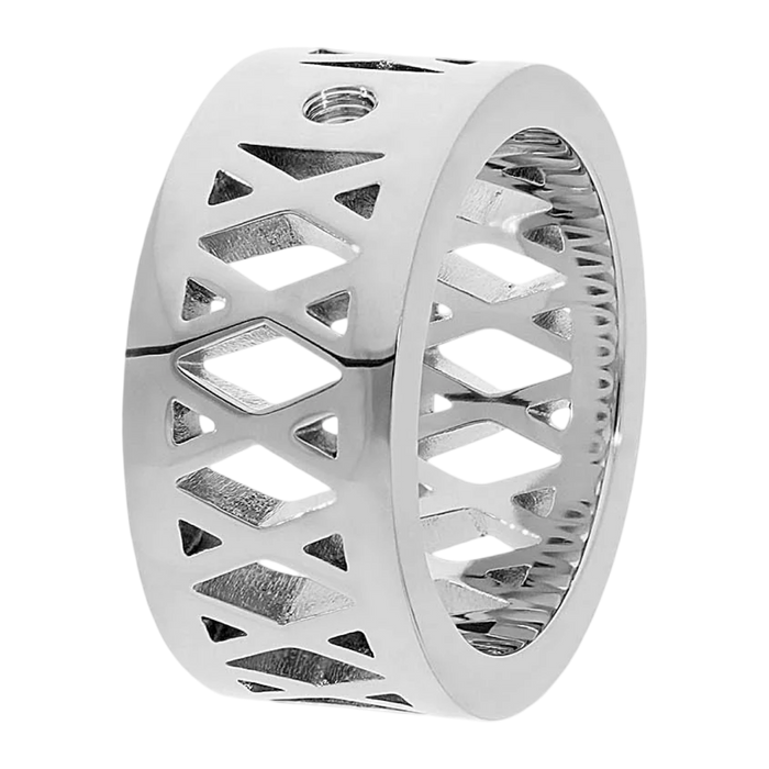 Silver ring with geometric cut-out design on a white background