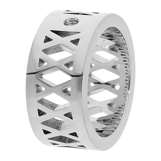 Silver ring with geometric cut-out design on a white background