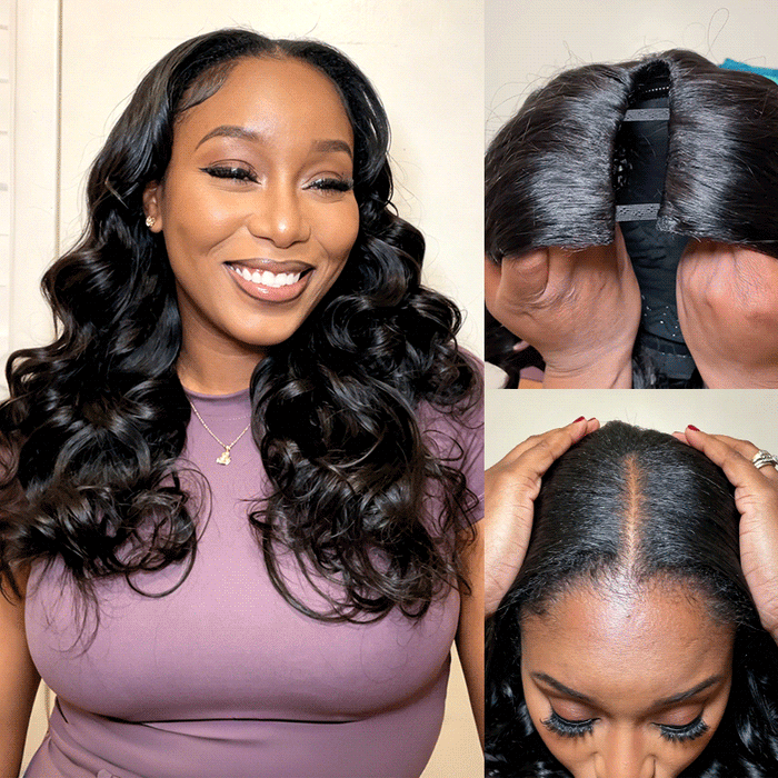 QVR Glueless Pre-Curled New Body Wave Human Hair U Part Wigs