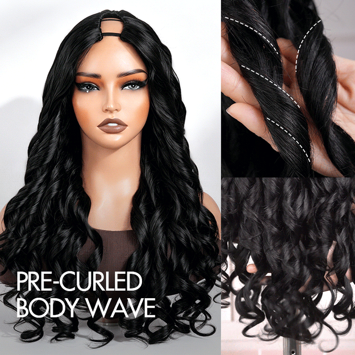 QVR Glueless Pre-Curled New Body Wave Human Hair U Part Wigs