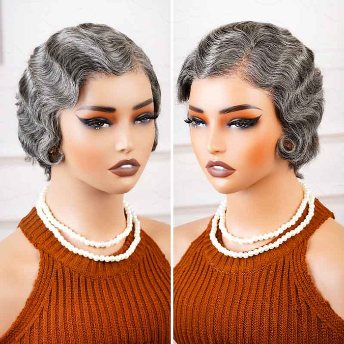 QVR Ocean Weave Salt & Pepper Short Pixie Cut Wigs Glueless 13X4 Pre-cut Lace Human Hair Wigs