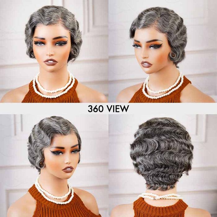QVR Ocean Weave Salt & Pepper Short Pixie Cut Wigs Glueless 13X4 Pre-cut Lace Human Hair Wigs