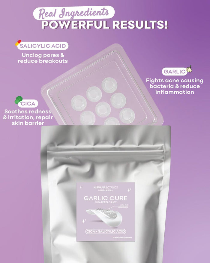 Garlic Cure product packaging with ingredients listed on a purple background