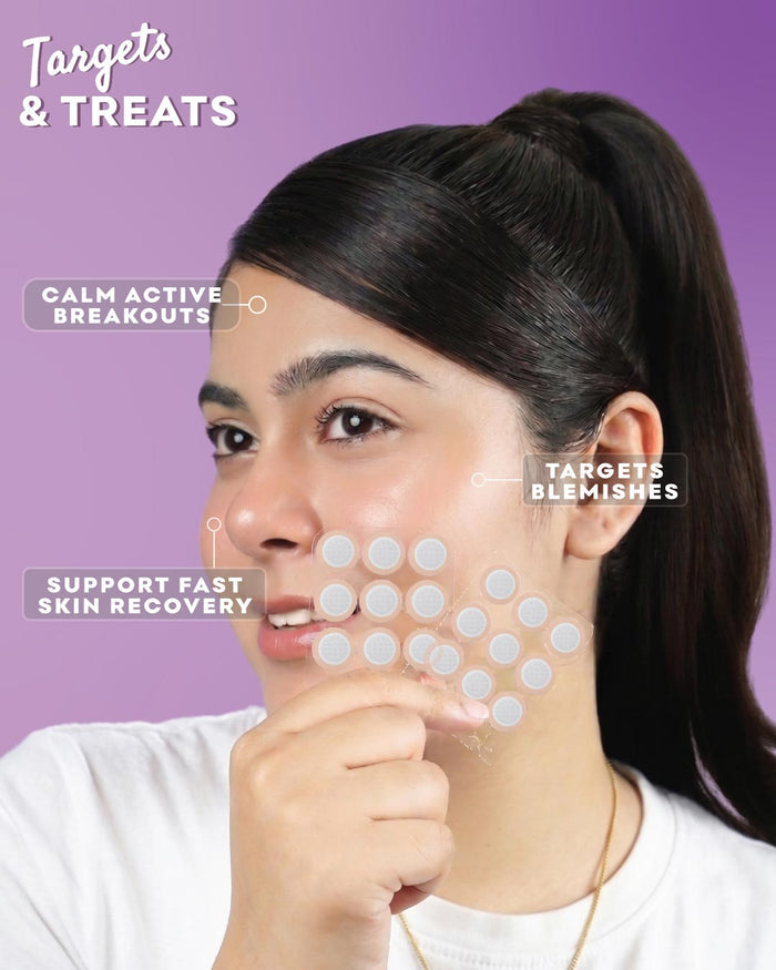 Woman pointing to her face with text indicating product benefits on a purple background