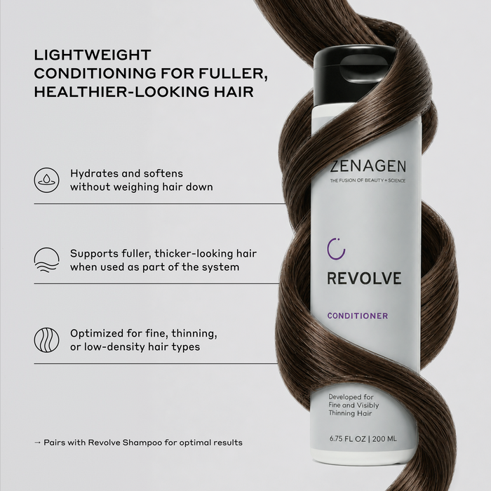Revolve Conditioner bottle wrapped in flowing brown hair on a light gray background with marketing text describing lightweight conditioning for fuller, healthier-looking hair.