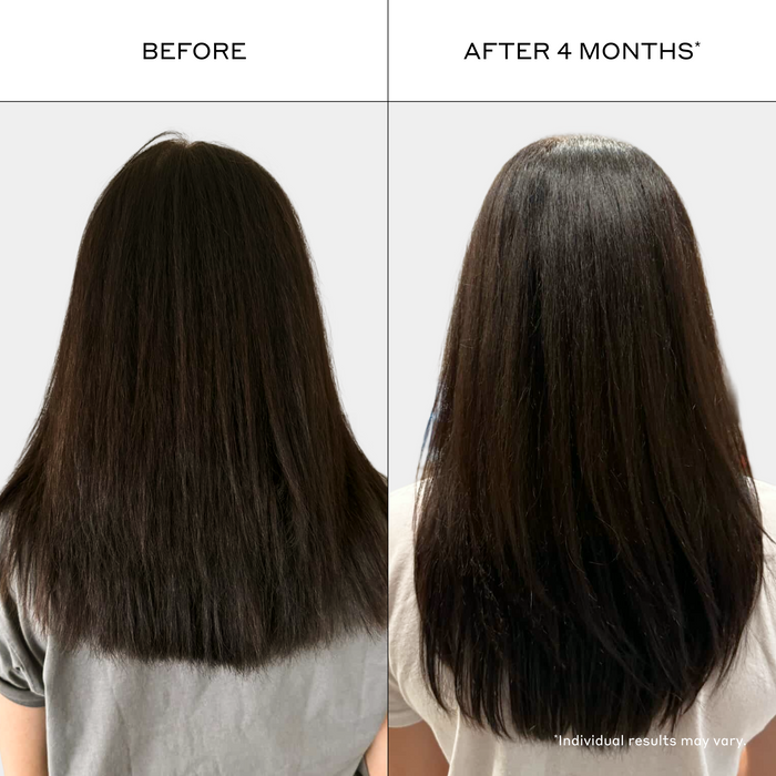 A side-by-side before and after comparison showing the back view of a person with long, straight, dark brown to black hair. The left side is labeled 'BEFORE' and shows slightly frizzy, less defined hair.