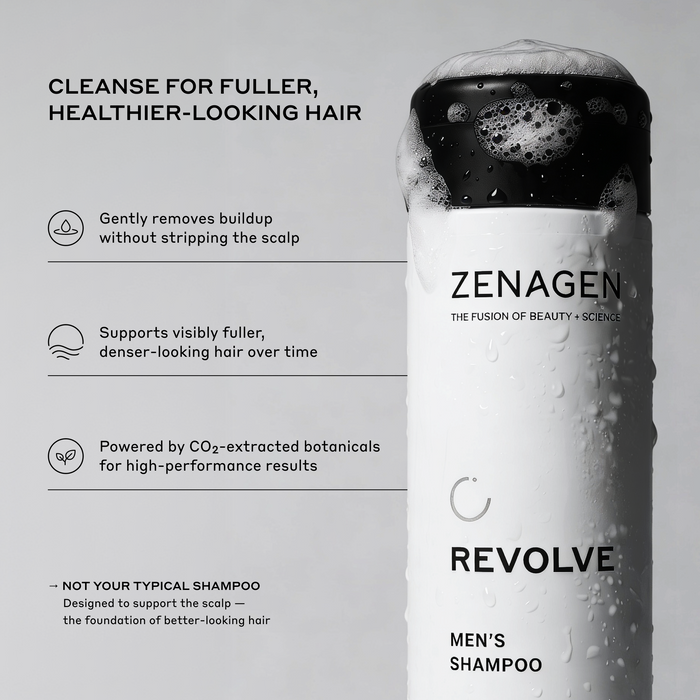 Men’s scalp cleansing shampoo for thinning hair, buildup-removing shampoo for fuller-looking hair, botanical scalp care shampoo that supports thicker, denser-looking hair and healthier scalp appearance.