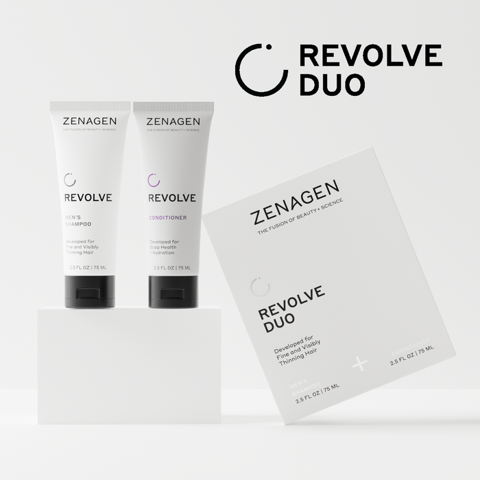Zenagen Revolve Men’s Travel Duo including shampoo and conditioner developed for hair thinning and shedding appearance.