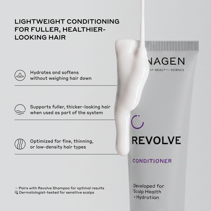 Zenagen Revolve Men’s Shampoo bottle with text highlighting gentle buildup removal, fuller-looking hair, and CO₂-extracted botanicals.