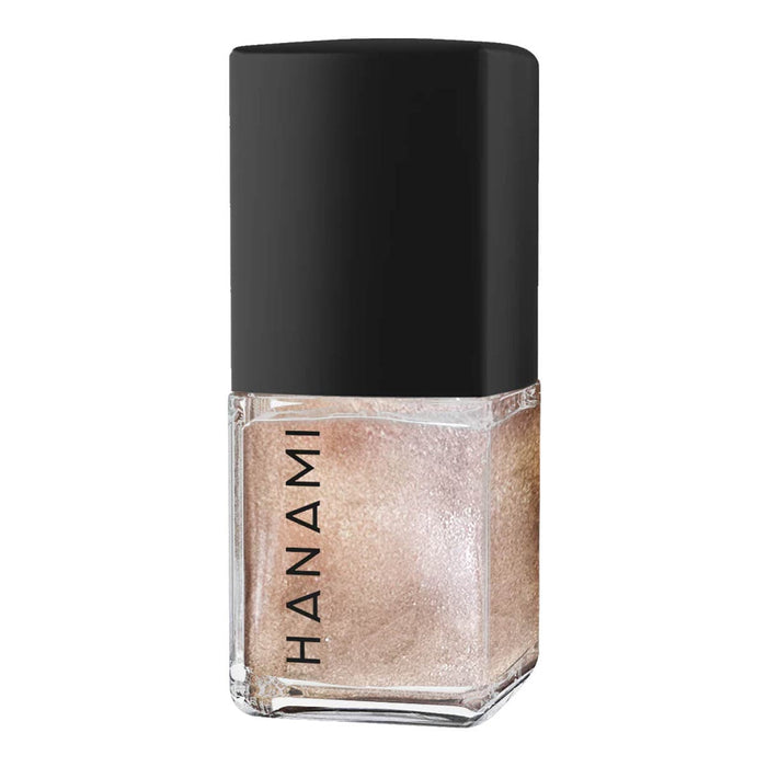 Nail polish bottle with black cap and glittery gold colour on a white background.