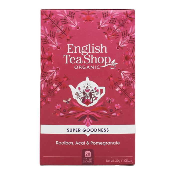 A box of organic rooibos, acai and pomegranate tea.