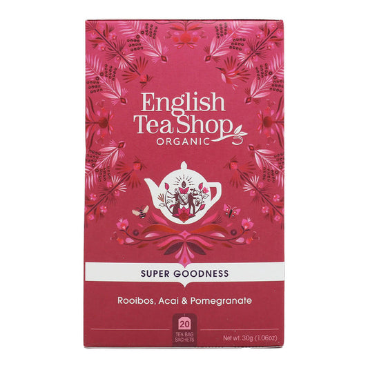 A box of organic rooibos, acai and pomegranate tea.