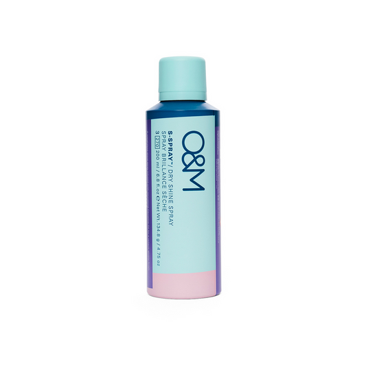 O&M hair Shine serum spray bottle on a white background