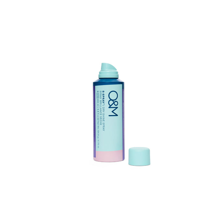 O&M hair Shine serum spray bottle on a white background, lid off