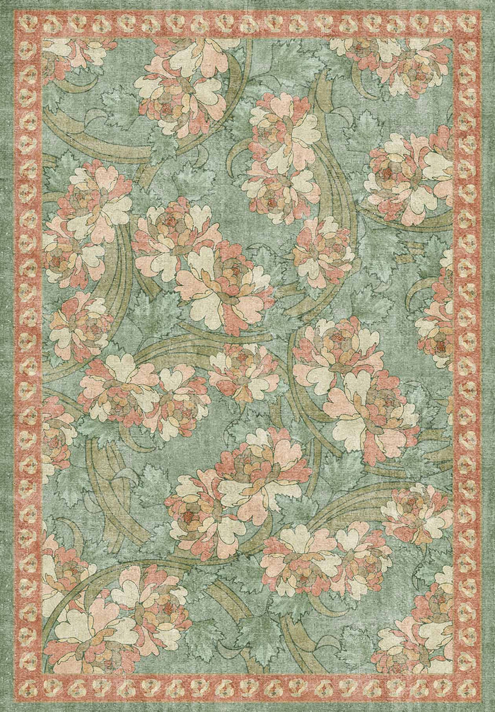 Sage green rug with a pink floral pattern and a decorative border, featuring a distressed, vintage-inspired finish.