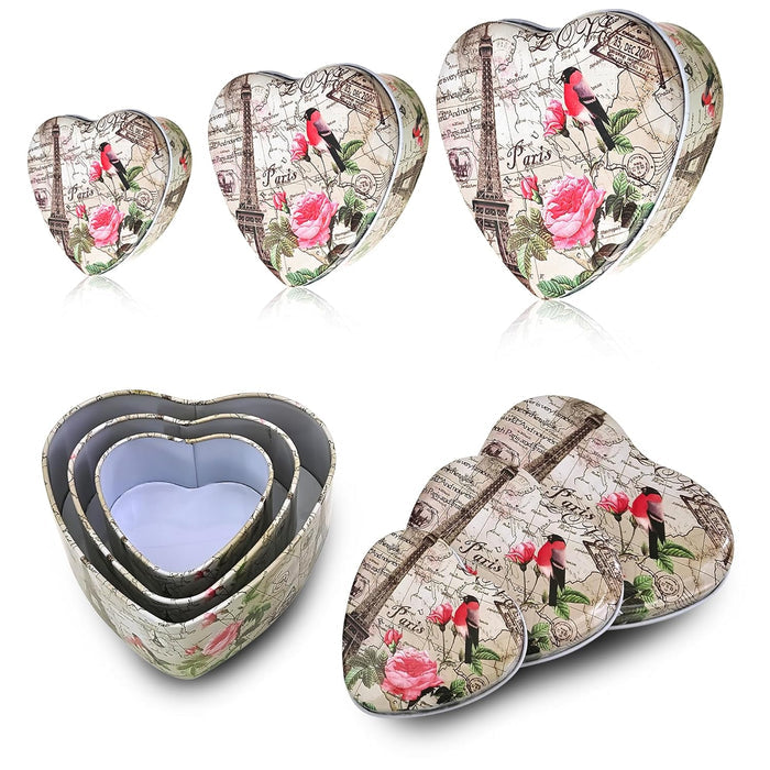 Sanas Heart Shaped Tin Box Storage Birdmap Set of 3 Decorative Metal Storage Boxes