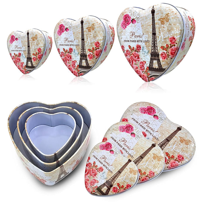 SANAS Heart Shaped Tin Box Storage Set of 3 From Paris With Love Design