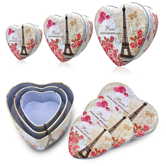 SANAS Heart Shaped Tin Box Storage Set of 3 From Paris With Love Design