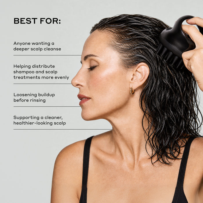 Zenagen Scalp Massager product benefits infographic featuring a woman using the black massage brush on her wet hair, detailing that it is best for providing a deeper scalp cleanse, evenly distributing shampoo and scalp treatments, loosening buildup, and supporting a cleaner, healthier-looking scalp.