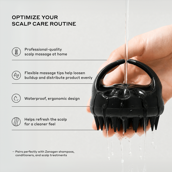 Zenagen Scalp Massager routine optimization infographic featuring water rinsing over the black massage brush held in a hand, detailing features such as a professional-quality massage at home, flexible tips to loosen buildup, a waterproof ergonomic design, and its ability to refresh the scalp for a cleaner feel.