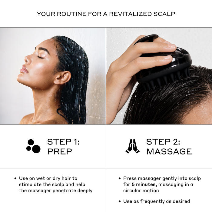 Zenagen Scalp Massager 2-step routine infographic detailing how to prep by using on wet or dry hair, and massage gently in a circular motion for 5 minutes as frequently as desired to stimulate the scalp.