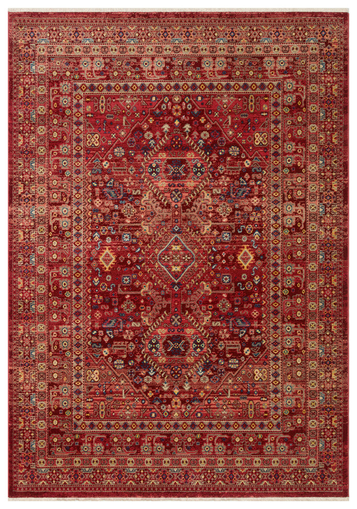 Deep red traditional Persian-style rug with a central medallion and intricate geometric floral border.