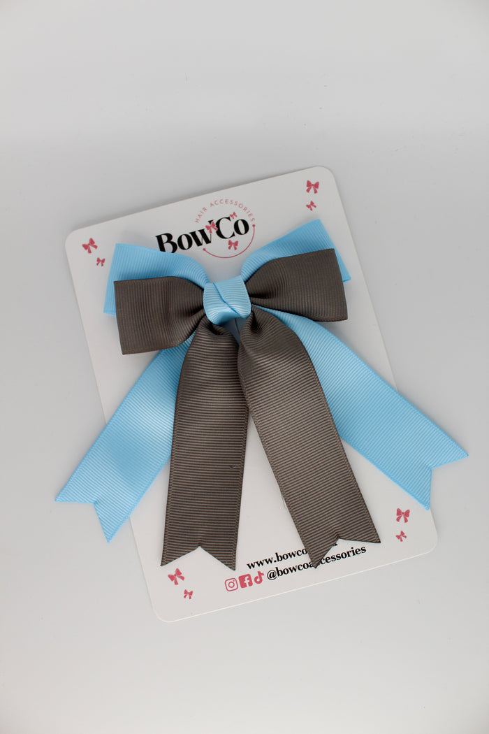 School Blue Topaz and Grey Double Ribbon Tail Bow – Clip