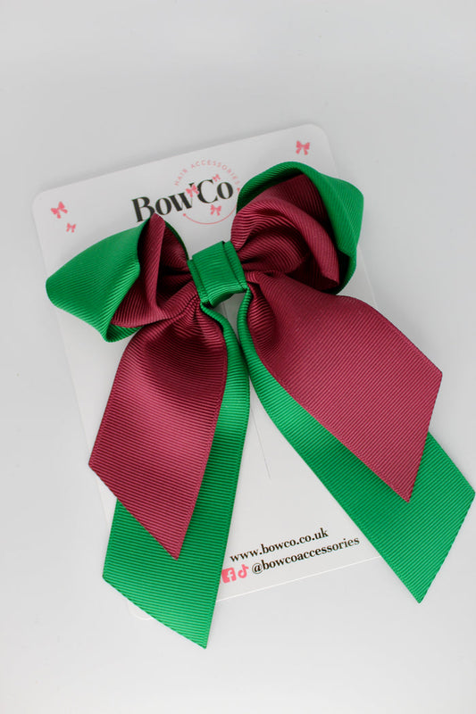School Bow - Green and Burgundy - Loop Tail Hair Bow - Clip