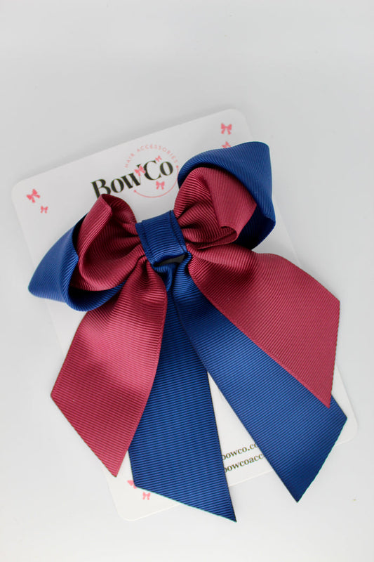 School Bow - Navy Blue and Burgundy - Loop Tail Hair Bow - Clip