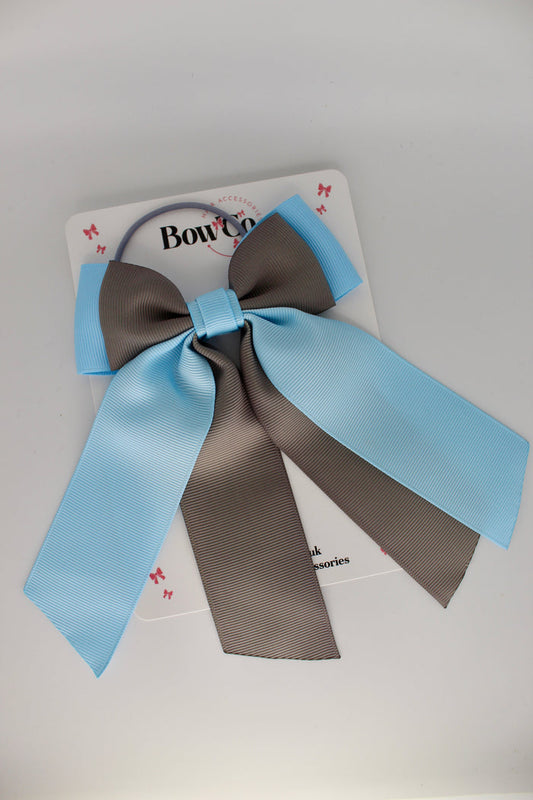 School Bow Blue Topaz and Metal Grey - Double Layer Tail Bow – Elastic