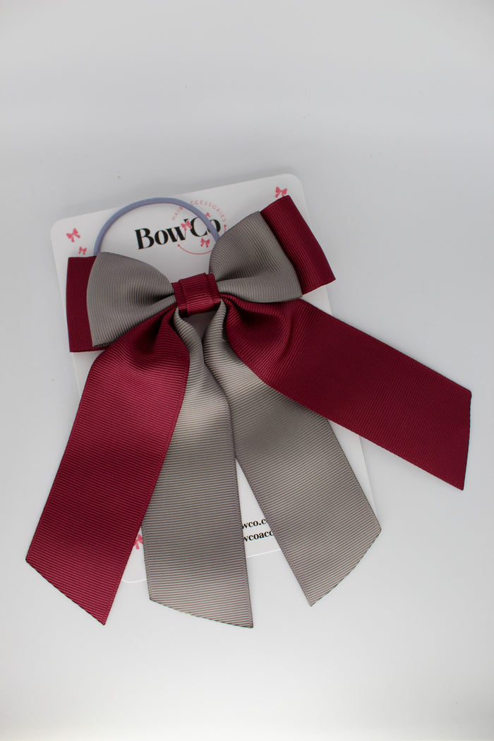 School Bow Burgundy and Metal Grey - Double Layer Tail Bow – Elastic