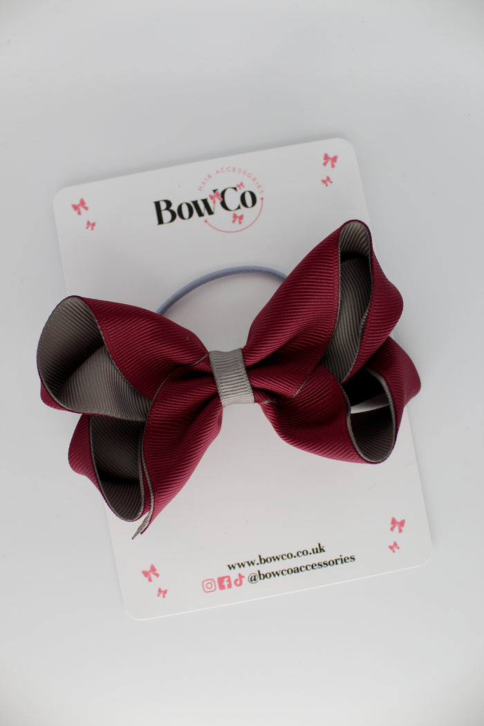 School Bow Burgundy and Metal Grey - Loop Bow - Elastic