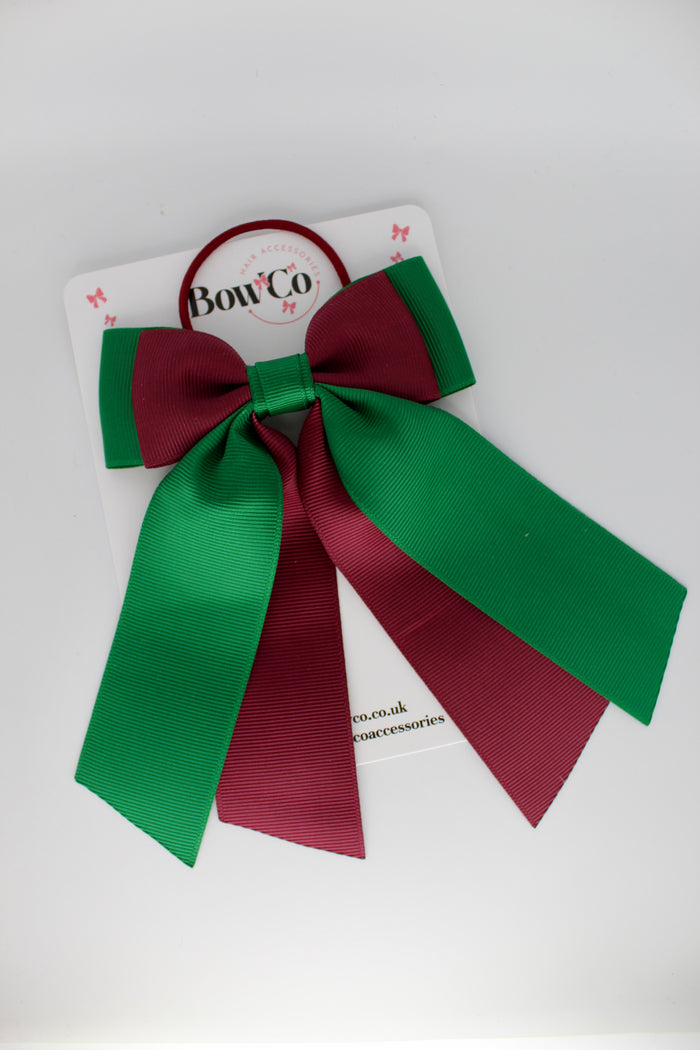 School Bow Forest Green and Burgundy - Double Layer Tail Bow – Elastic