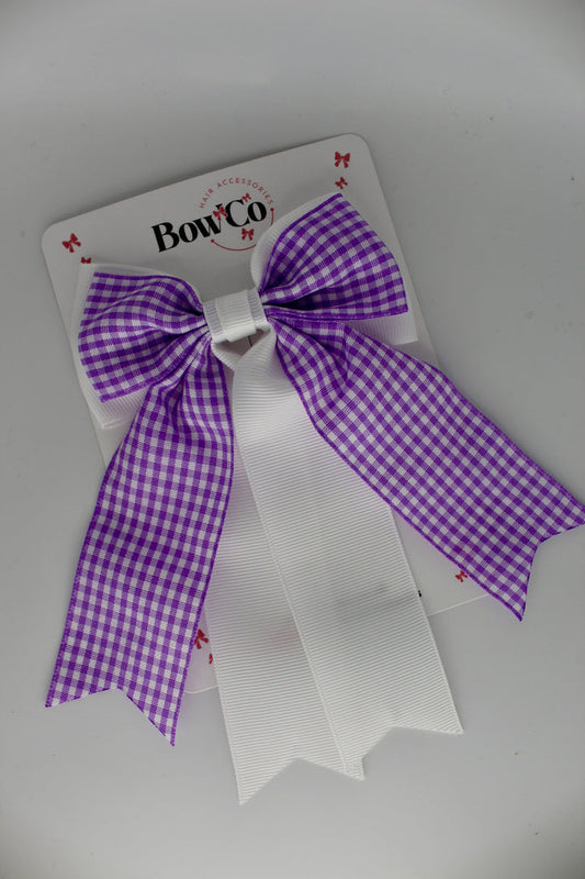 School Bow Lilac Gingham Classic Tail Bow - Elastic