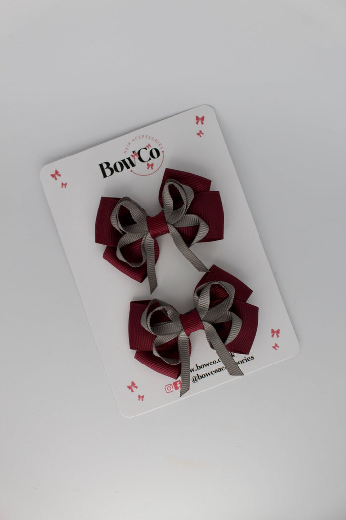 School Bows Burgundy and Metal Grey - Double Bow Set - Clip
