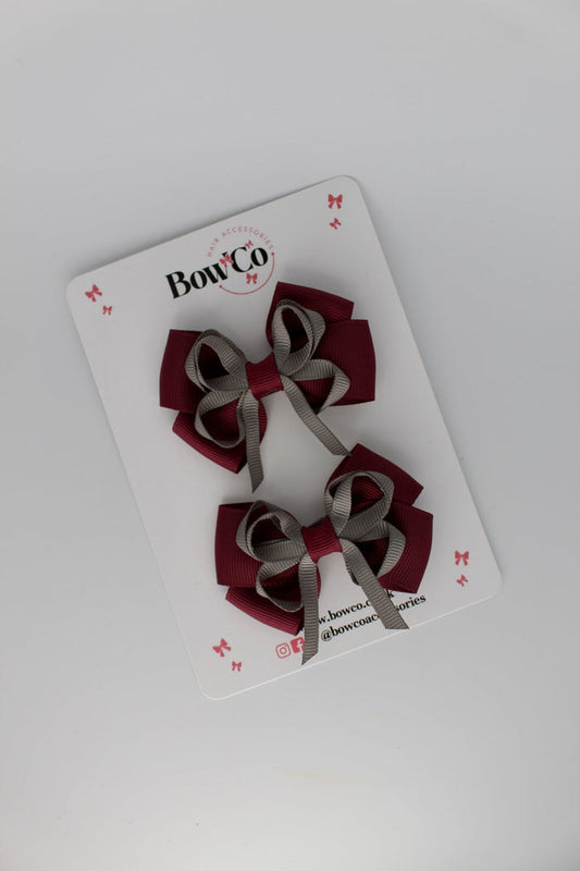School Bows Burgundy and Metal Grey - Double Bow Set - Clip