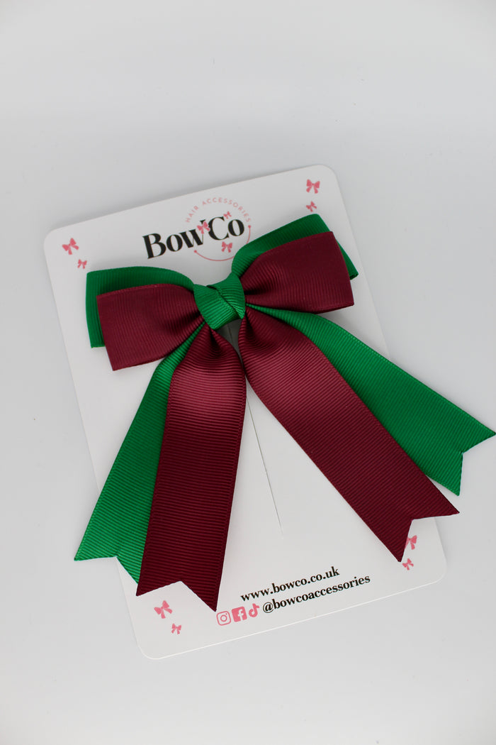 School Green and Burgundy Double Ribbon Tail Bow – Clip