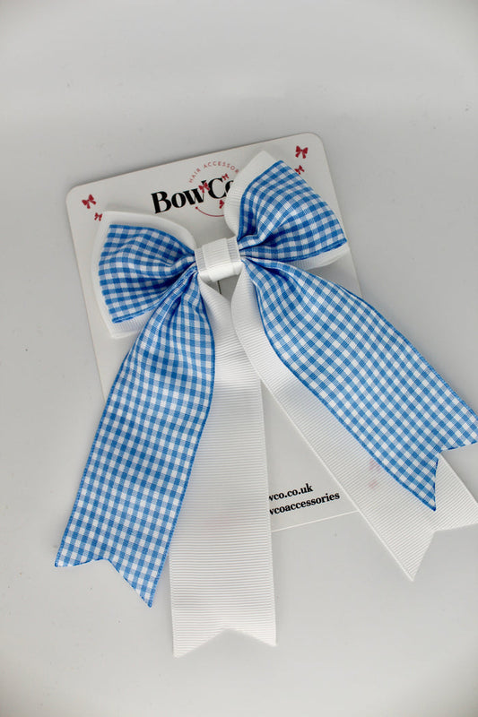 School Light Blue Gingham Classic Tail Bow - Clip