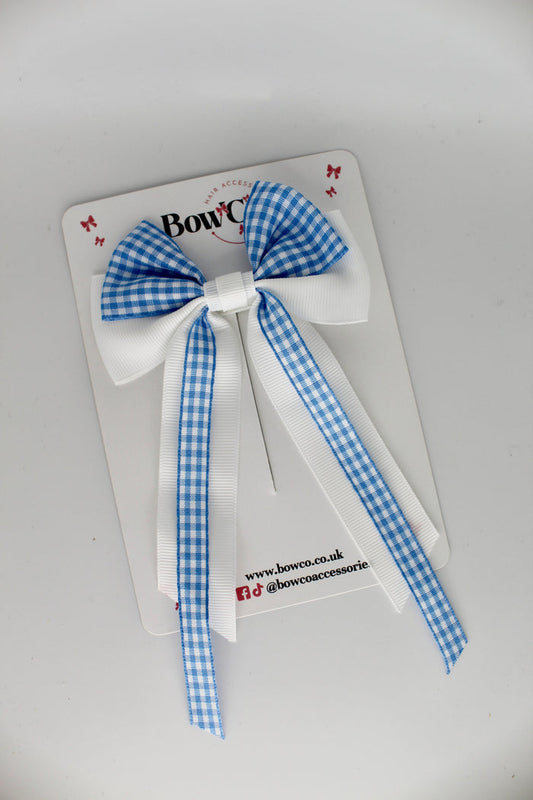 School Light Blue Gingham Streamer Tail Bow - Clip