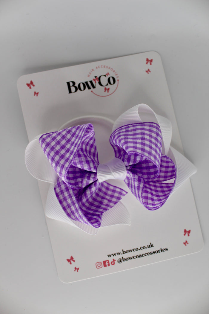 School Lilac Bow Gingham - Double Loop Bow - Elastic