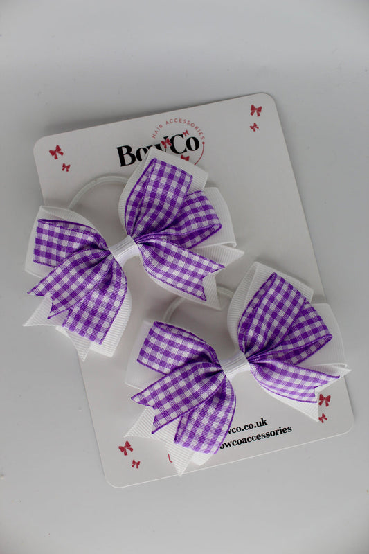School Lilac Bow Gingham - Double Tail Bow Set - Elastic